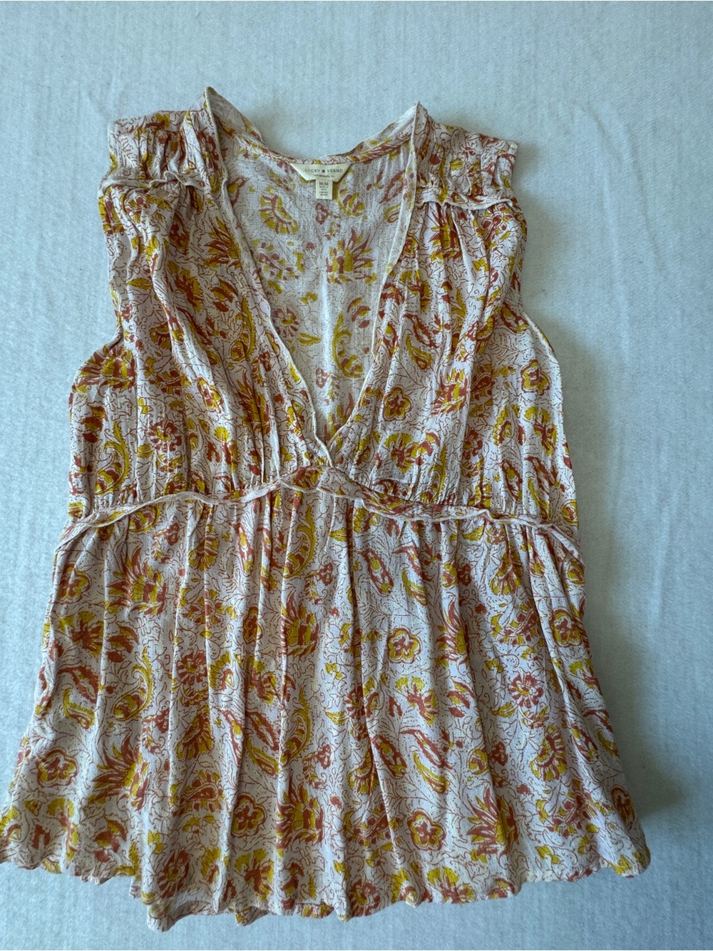 Lucky Brand Cream Sleeveless V-Neck Floral blouse with Mustard Accents